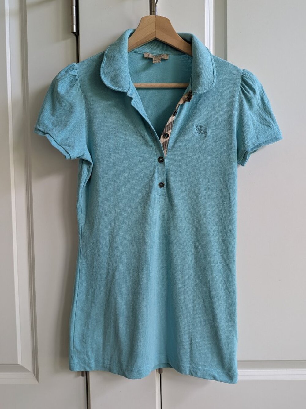 Burberry Brit Polo Shirt Women S Blue Nova Check Puff Sleeve Peter Pan Collar